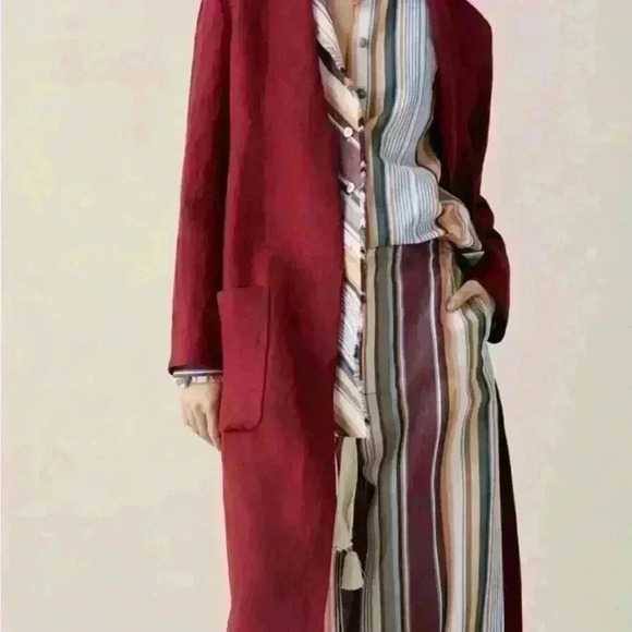 ✨New✨Zara Red Burgundy Linen Coat Size Medium - Picture 3 of 9